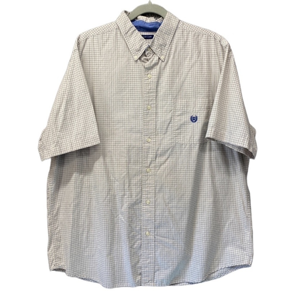 Chaps Easy Care Checkered Cream Blue Short Sleeve Button Up Sz XL
